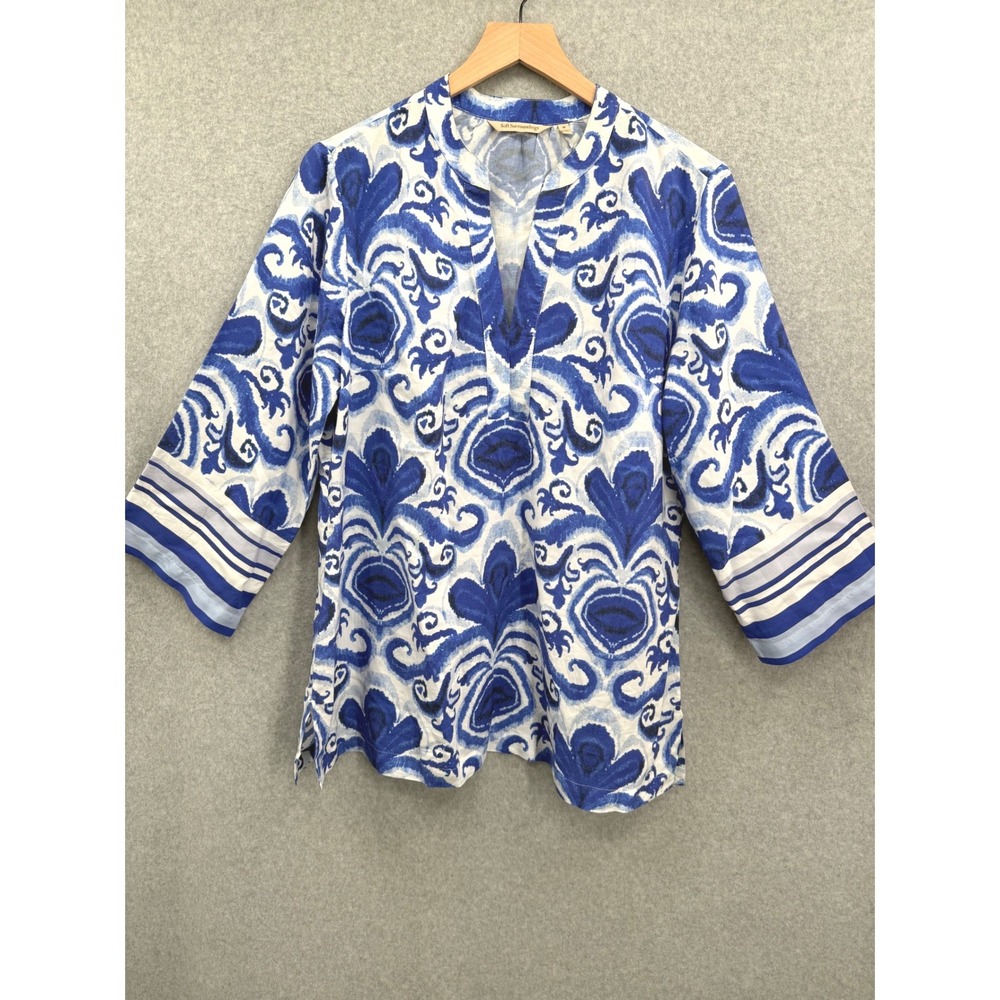Soft Surroundings Tunic Women Medium Blue Ikat Print Rayon 3/4 Sleeve Split Neck